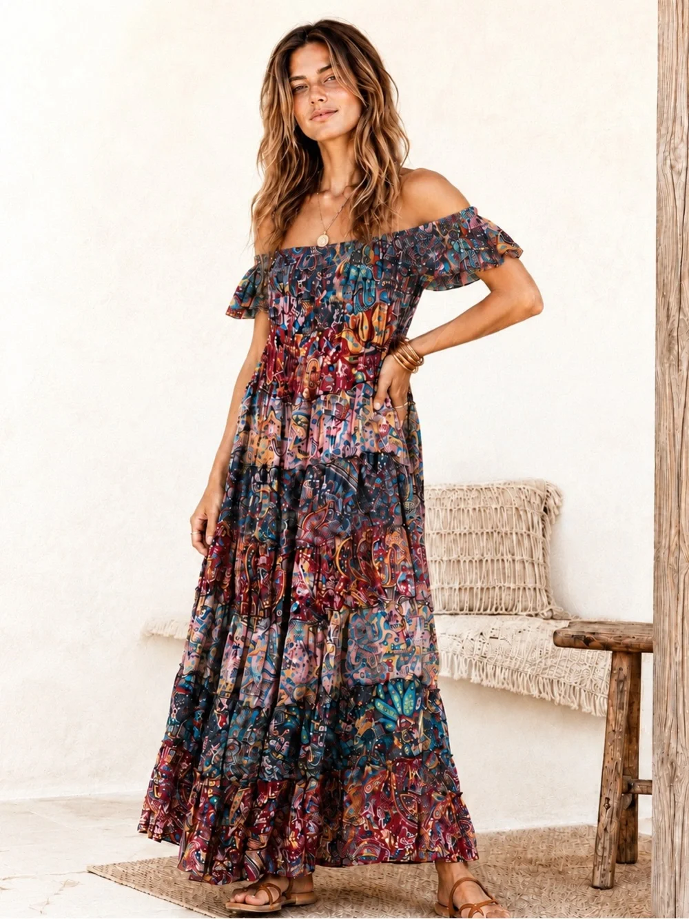 New Free People Off-Shoulder Tiered Maxi Dress in Multi Floral Size M